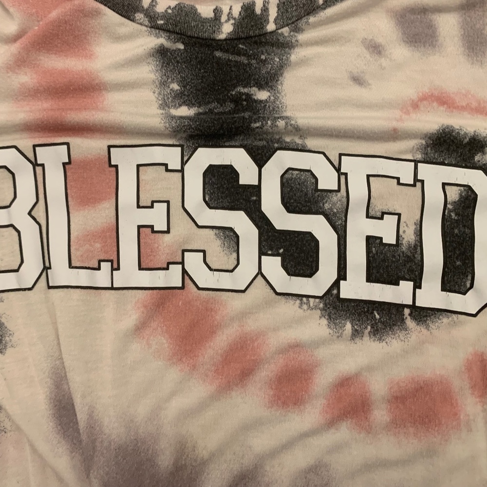 Women's Pink Tie Dyed BLESSED Graphic Tee Shirt Size Small Cinch Bottom - Picture 2 of 7